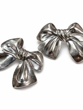 Vintage Silver Tone Bow Ribbon Earrings Pierced Large Statement Feminine 1.75”